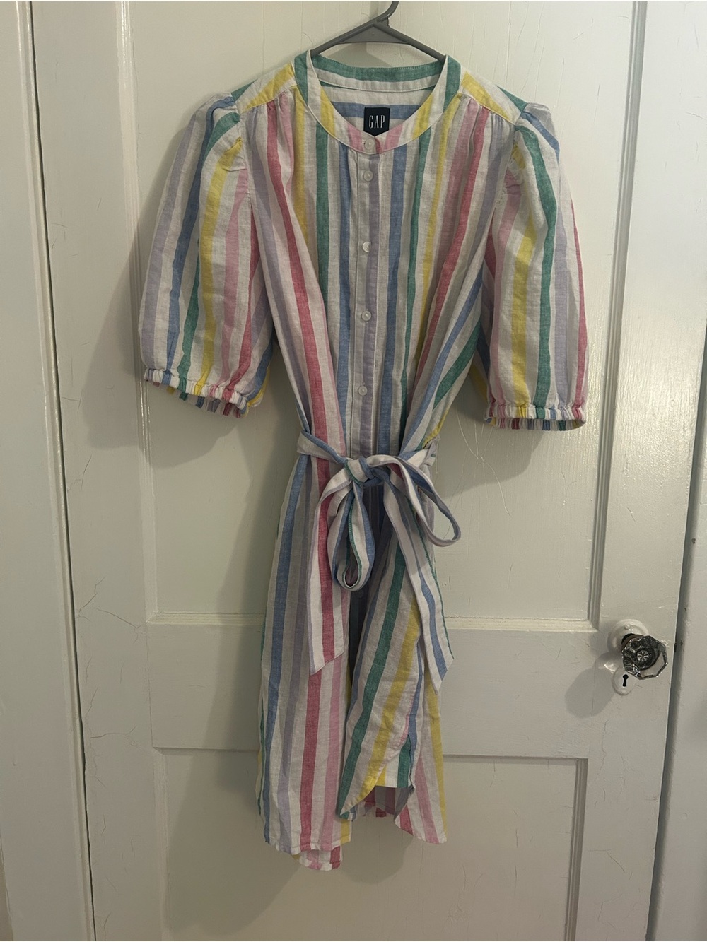 GAP medium multicolored striped belted linen-cotton blend dress puff sleeves